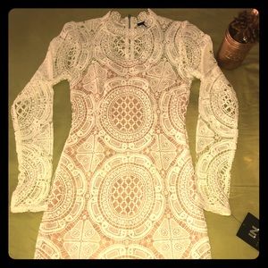 Lace overlay long sleeve mini dress